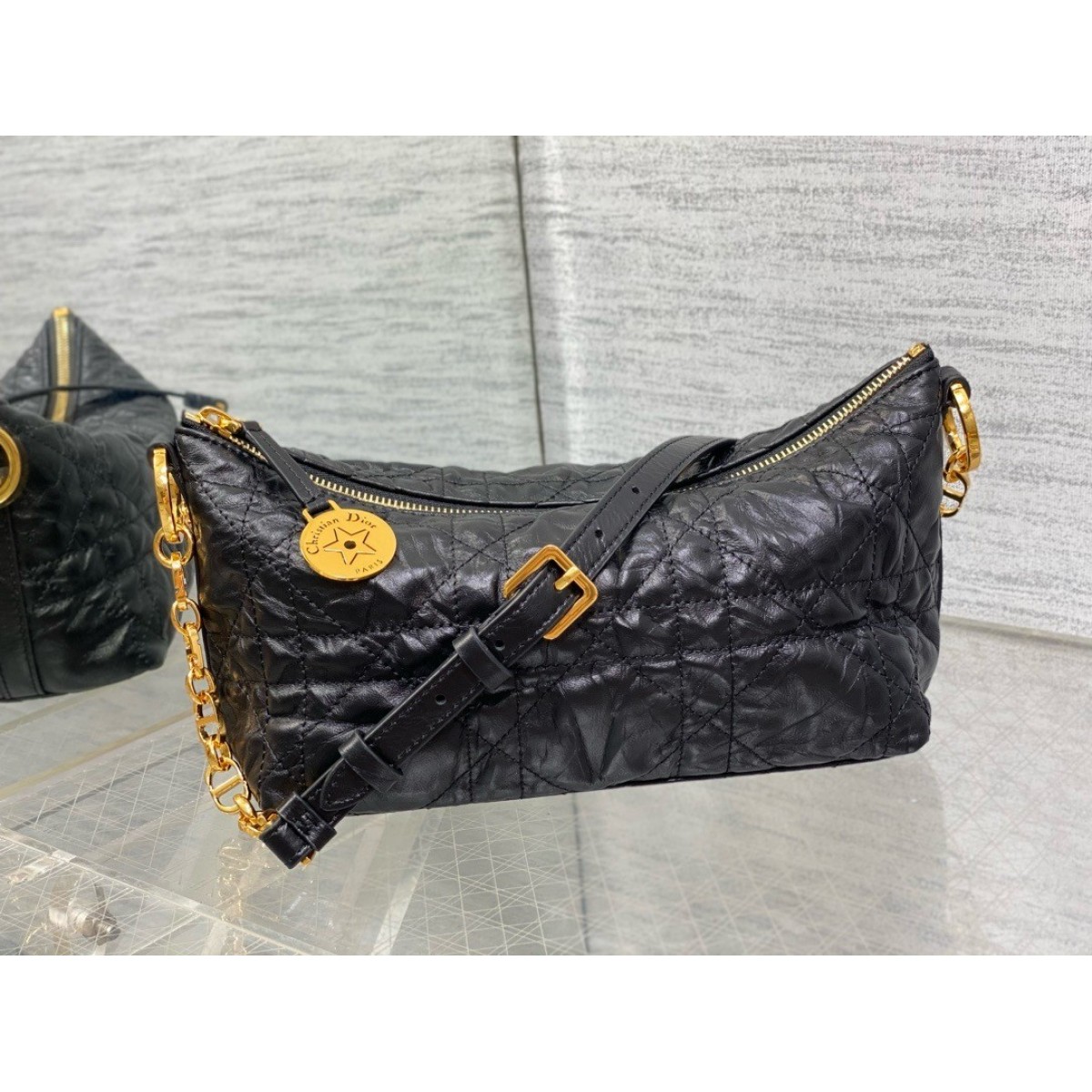 Dior Diorstar Hobo Bag with Chain in Black Crinkled Calfskin High Quality Replica