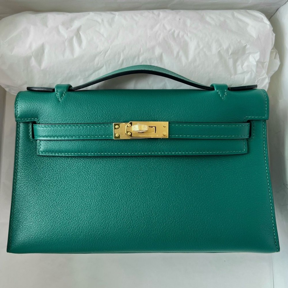 High Quality Replica Hermes Kelly Pochette Handmade Bag In Malachite Swift Calfskin $ 419 USD